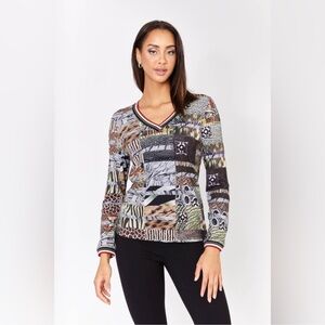DOLCEZZA Multicolor V-Neck Patchwork Women's Top NWT